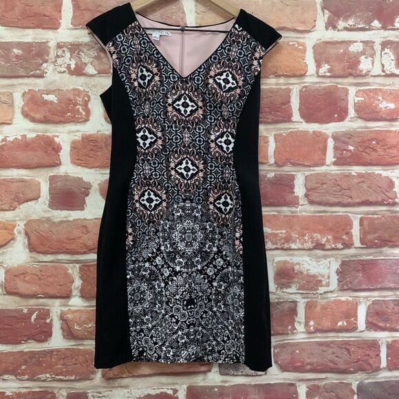 Maggy London Dress Women's Size 6 Black Pink Boho Abstract Stretchy Zip Up - Picture 1 of 10